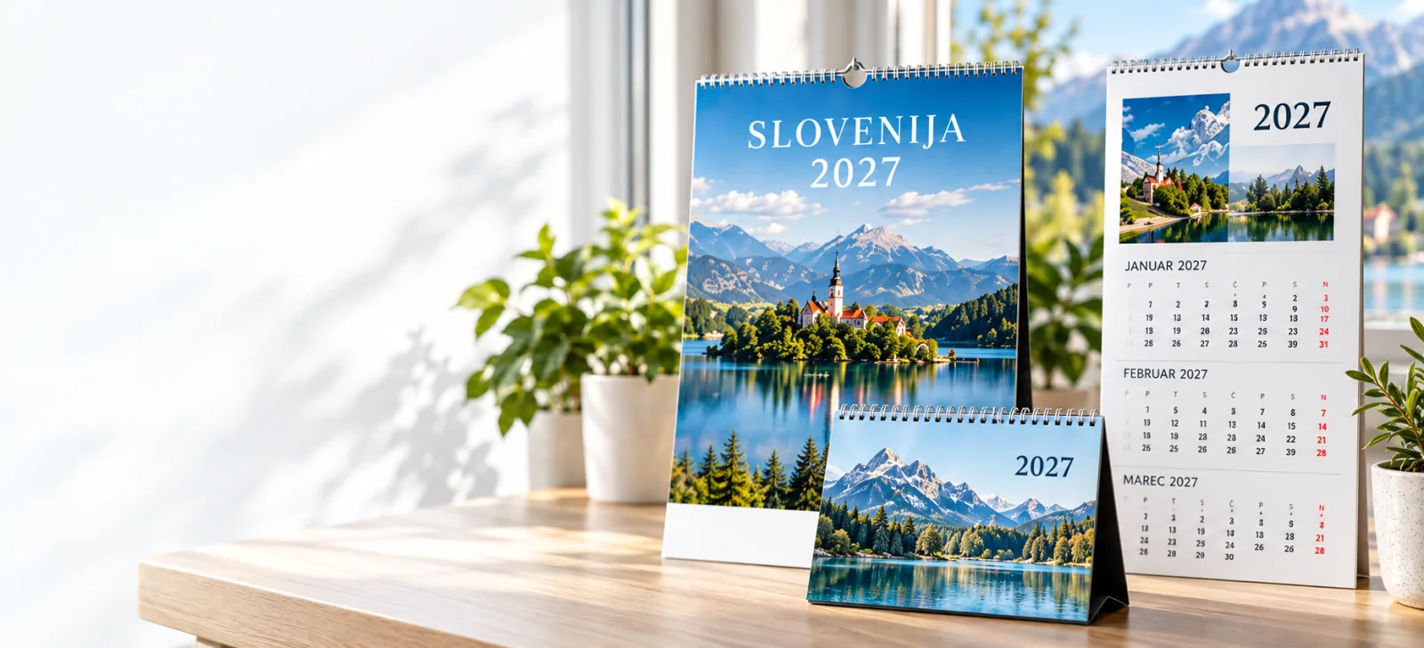 Stenski in namizni koledarji 2027 s slovenskimi motivi ob svetlem oknu